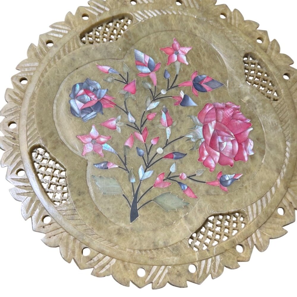 Vintage Pietra Dura Marble Floral Inlay Decorative  Plate